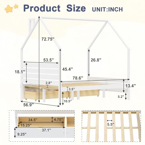 Image of Full Size House-Shape Platform Bed with Headboard and 2 Storage Drawers, Montessori Wood Bed Frame with Roof and Chimney Design, No Box Spring Needed, Easy Assembly (White-06, Full)