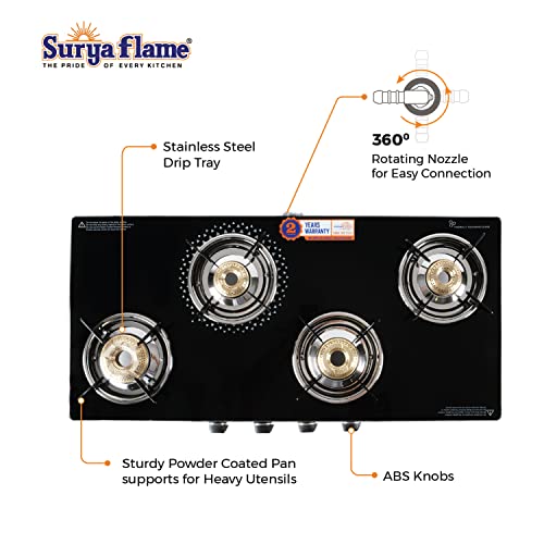 Surya Flame PNG Gas Stove 4 Burners Glass Top with High Powered Brass Burner, Premium Toughened Glass & Powder Coated Body for Modular Kitchen, ISI... - Image 4