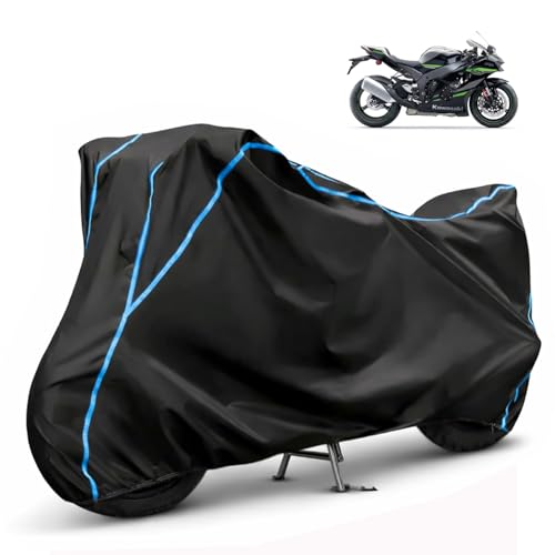 Image of Compatible with Kawasaki Ninja ZX-10R Waterproof Two Wheeler Bike Body Cover Water Resistant, Heavy Duty, UV Rays, Dust & Scratch Protection for All-Modal & Variants (Black,Sky Blue Piping)