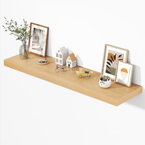 Image of Dreamland 55 inch Floating Shelves for Wall, 12 inch Deep Thicker Oak Floating Shelves, Wall-Mounted Shelves for Bedroom, Living Room, Kitchen, Bathroom - Set of 1