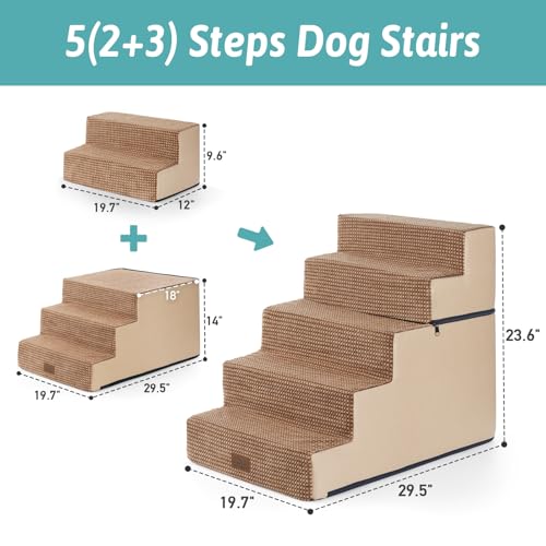 Image of COZY KISS Dog Stairs for Small Dogs, 5 Step Pet Stairs for Beds & Couches | 23.6 inch Extra Wide Non-Slip Dog Steps with Removable Tiers & Support Board for Puppies, Older Cats & Dogs, Light Brown