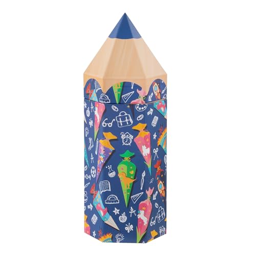Idena 31921 - Geschenkbox mit Deckel in der Größe 10 x 27 x 9 cm in Stift-Form Geschenkschachtel mit Buntem Schultüten-Motiv für den Schulanfang