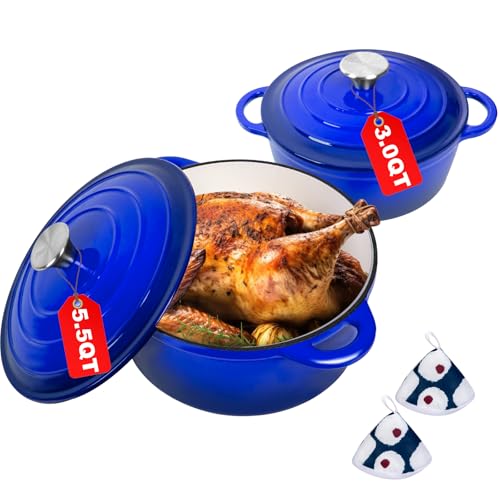 Romswi Enameled Cast Iron Dutch Oven Set - 3qt & 5.5qt Dual Combo - 7-Layer Professional Grade Dutch...