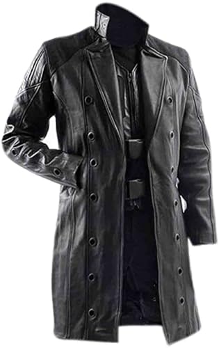 Men's Human Revolution Deus Ex Black Real Leather Trench Pea Coat Jacket