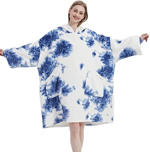 cotton yangda Oversized Hoodie Blanket Fluffy Fleece Blanket Hoodie Sweatshirt w/ Deep Pockets, Cozy Warm Fleece Sherpa, Gifts Adults Mom Wife Girlfriend Men, Light Blue Tie-dye, One size fits all