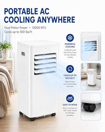Image of Coolblus 12000 BTU Portable Air Conditioners, 3-in-1 AC Unit Cools Up to 550 Sq.Ft. with Remote Control /Smart Sleep Mode /24Hrs Timer /Window Installation Kit & Filter Cleaning Brush, White-12000BTU