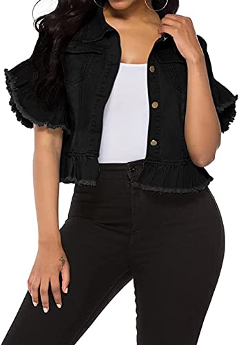vunahzma Women's Denim Jacket Button Down Distressed Ruffle Sleeve Crop Jean Jackets Coat4