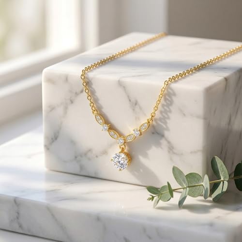 Image of gold plated diamond pendant necklace for women girls | stylish dainty drop chain necklace | anti tarnish minimalist daily jewelry | elegant aesthetic gift for wife, girlfriend, mother, sister