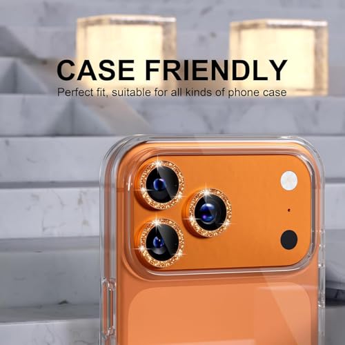 Image of Choiche Compatible for iPhone 17 Pro /iPhone 17 Pro Max Camera Lens Protector Bling, 9H Tempered Glass Camera Cover Screen Protector Metal Ring Decoration Accessories (Glitter-Orange)