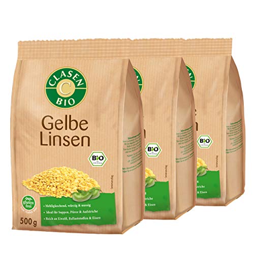 CLASEN BIO – Gelbe Linsen 3x500g Bundle – Getrocknete & geschälte Mung Dal Lentils mehligkochend, würzig & nussig – Ideal für Suppen, Püree & Aufstriche – Reich an Eiweiß, Ballaststoffen & Eisen