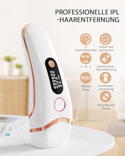 Haarlosy IPL Geräte Haarentfernung Laser für Männer und Frauen, 999,900 Lichtimpulse 3 Funktionen HR/SC/RA und 9 Energiestufen Schmerzlos Haarentfernung für Körper, Gesicht, Bikinibereich - Weiß