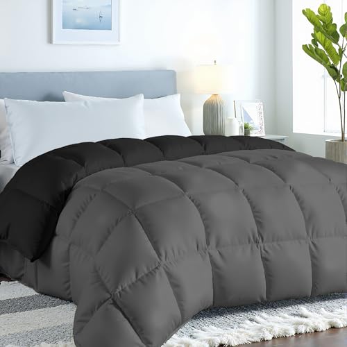 Image of ROYALE LINENS Reversible Comforter - Queen Size Duvet Insert - All Season Soft Quilted Comforters with 8 Corner Tabs - Down Alternative Bedding Comforter - Duvet Insert (Black /Charcoal, Queen 88 inchx88 inch)