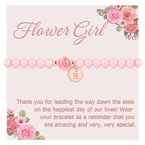 Image of Flower Girl Gift Initial Bracelet for Teen Girl with Flower Pink Beaded Bracelet with Initial Rose Bridesmaid Gift Jewelry Teen Girl Trendy Stuff