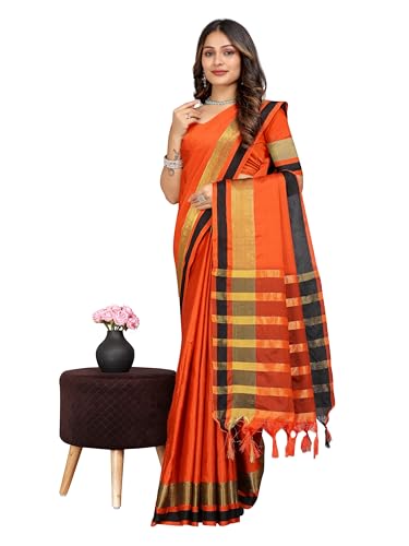 Image of Sidhidata Women's Cotton Blend Saree With Unstitched Blouse Piece (Payal Orange Orange Free Size)