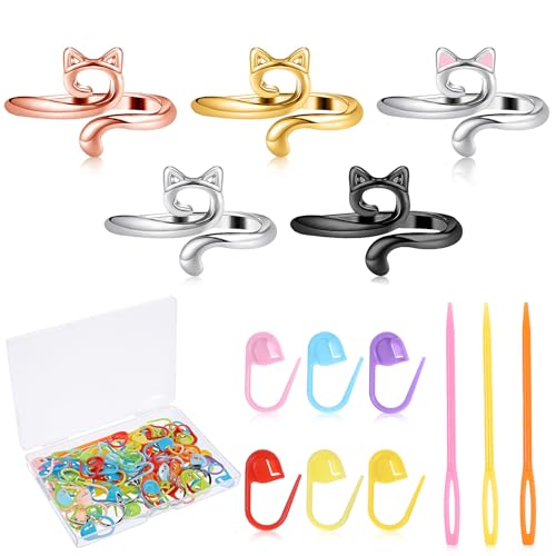 QfwdfcTrenz 5 Pcs Adjustable Cat Crochet Ring for Finger, 100 Pcs Stitch Markers, 3 Plastic Needles, Knitting & Crochet Supplies, Modern, Non-Foldable, Adult, Cartoon Cat Theme