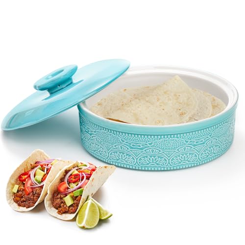 Noamus Tortilla Warmer with Lid, 8.5" Ceramic Tortilla Keeper, Aqua Tortilla Holder Server Box, Pancake Food Container for Keeping Waffles Taco Chapati Roti Warm, Microwavable and Oven Safe