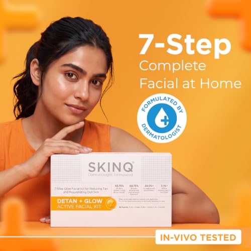 Image of SKINQ Detan + Glow Facial Kit for Dull, Tanned Skin | 7-Step At-Home Facial | With Vitamin C & Glycolic Acid | Instant Glowing Skin | Made by Dermat | Pack of 7