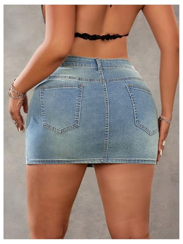 MakeMeChic Women's Plus Size Bodycon Denim Mini Skirt Rhinestone High Waisted Summer Y2K Jean Skirts2