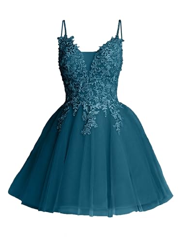 Women's Lace Appliques Homecoming Dresses Short Spaghetti Straps Tulle V Neck Mini Party Gowns for Teens Cg0029