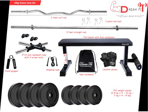Image of DREAM FIT PVC Home Gym Set - 18 kg with 1 Flat Bench with Foot Extension, 3 ft Curling Rod, 5 ft Straight Rod, 1 Pair Dumbbell rods and Gym Accessories (18kg)