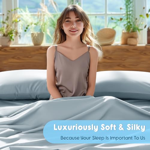 Image of SONORO KATE 1000 Series 100% Egyptian Cotton King Sheet Set,4 Pieces | Soft,Breathable Long Staple,Sateen Weave,Luxury 5-Star Hotel Bed Sheets,16 inch Deep Pocket,Light Blue