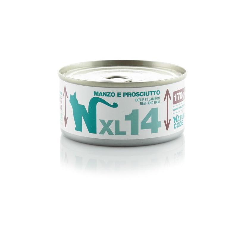 Natural Code Cibo Umido Sfilaccetti XL per Gatti, alimento completo per gatti di tutte le taglie e razze, XL14 Manzo e Prosciutto, 24 scatolette da 170 grammi l'una, 24x170gr.