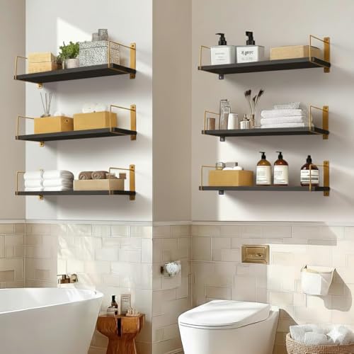 Image of Wall Shelf Mounted Bathroom Shelves Pack of 3, Golden Black Floating Shelves with Metal Brackets, Wall Storage Display Rack Toiletries, Organizer, Kitchen, Bedroom, Living Room 23.5 inch