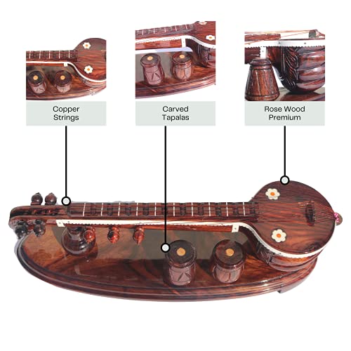 Image of GIFT EQUALS LOVE Rose Wooden Veena Tabala Set Showpiece Handcrafted Premium Finished 12 Inches with Attached Tabala Set Showpiece Decor Set for Home and Pooja Room