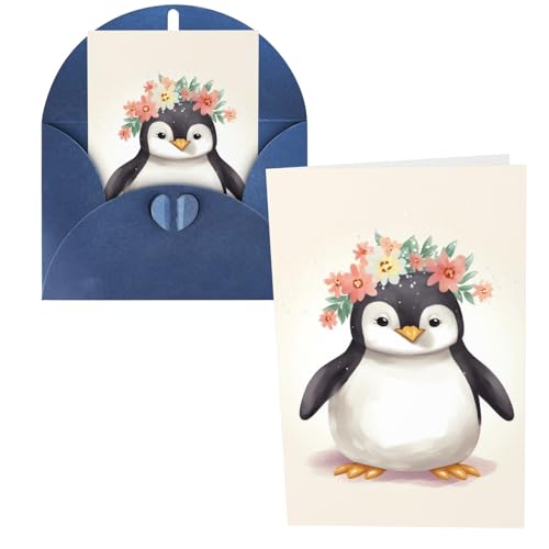 QMNSEHF ペンギンが花を身に着けているグリーティングカード 封筒付き Thank YouCard Happy Birthdayカード 女性用 男性用 クリスマス ハロウィン 結婚式 ブランク ノートカード あらゆる機会に グリーティングカード 4x6