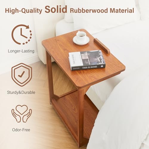 Image of Uniclinens Rolling Side Table, C Shape End Table Slide Under Sofa, Couch Tables, Wooden Sofa Desk with Wheels, Small TV Tray for Laptop Living Room Bedroom, Teak