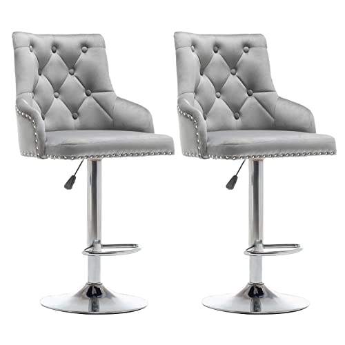 Bar Stool Set Of 2 Velvet Adjustable With Tufted Backrest, Counter Height Swivel Stool Upholstered Modern Barstool Chair Chrome Base For Kitchen, Home Bar, Dining Room, (Grey) #TOP7
