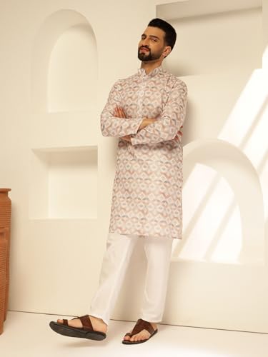 Image of SOJANYA (Since 1958 Men's Cotton Linen Abstract Printed Kurta with White Pyjama