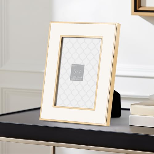 Torre & Tagus 5x7 Enamel Picture Frame - Metal Gold Trim White Enamel Picture Frame With Easel and Velvet Back for Tabletop Display, Wall Decor, Bookshelf, Wedding, or Graduation (Regis 5x7) by Torre & Tagus - Image 5