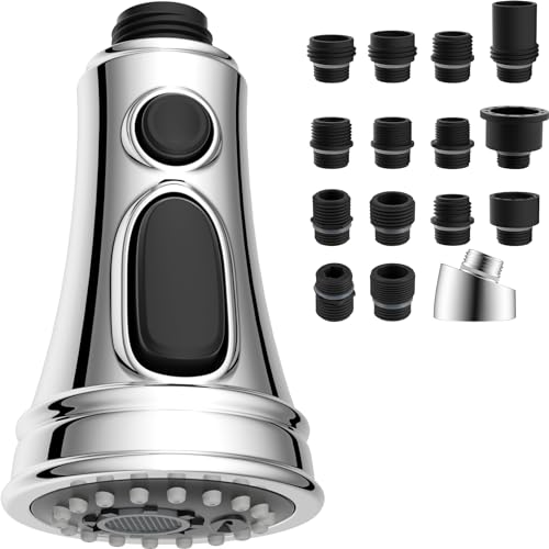 Hibbent Kitchen Faucet Head Replacement, Pull Down Faucet Spray Head, 3 Function Kitchen Faucet Sprayer Nozzle with 15 Adapters Compatible with Moen, American Standard, Delta, Kohler Faucets, Chrome