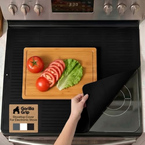 GORILLA GRIP 100% BPA-Free Heat and Slip Resistant Silicone Stove Top Cover for Electric Stoves Large Waterproof Kitchen Mat Protect Glass Range Covers From Scratches Dishwasher Safe 28x20 Black