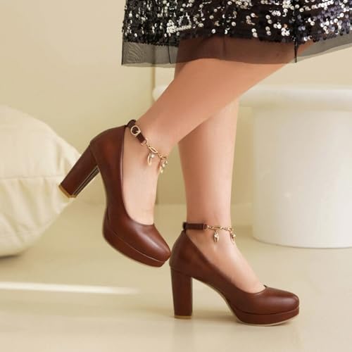 Aflngle Women's Platform Chunky High Heel Mary Jane Pumps Round Closed Toe Rhinestones Metal Chain Strap Buckle Wedding Party Prom Dress Shoes 7