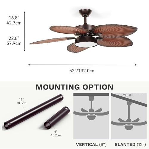 DWVO 52" Tropical Ceiling Fan with Light & Remote, LED Tri-Color Temperature, 5 Blade Ceiling Fans Reversible 6 Speeds w/Quiet DC Motor, 6'' & 12'' Downrods for Bedroom, Living Room
