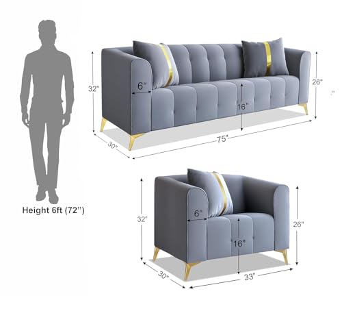 Image of UMAR ARTS Luxury Chesterfield Leatherate Sofa Set, Tufted Genuine Leatherate, Classic Living Room Furniture (3+1+1 Grey)