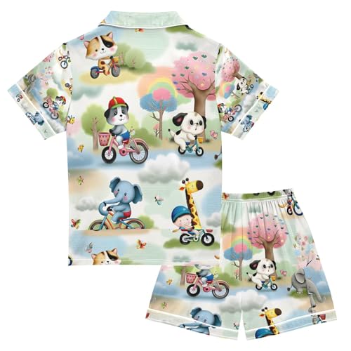 senya Animals on A Bicycle Satin Summer Pajama Sets Silk Short Sleeve Button Down Sleepwear2