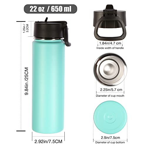 Image of Volhoply 22 oz Insulated Water Bottles with Straw Lid, Stainless Steel Sports Bottle with Handle, Double Walled Vacuum Metal Travel Cups with Wide Mouth,Reusable Water Flask for School (Mint,1 Set)