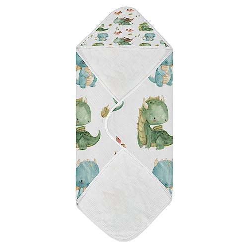Image of Kigai Cute Dragon Muslin Hooded Baby Towel Ultra Soft and Absorbent Bath Towel for Boy Girl Cotton Baby Bathrobe Blanket for Newborn Infant Toddler, 30x30 Inch (Medium)