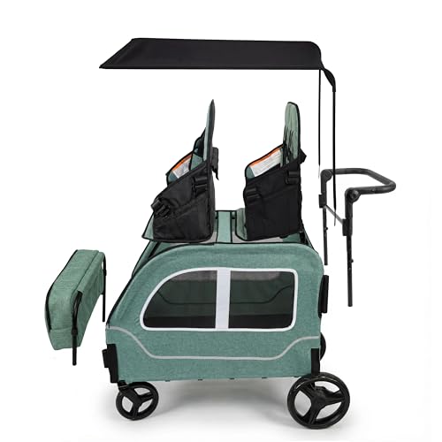 Germinate 4 Seater Wagon Stroller, Large Quad Wagon for 2 3 4 Kids Baby Toddler Child with Seats, All Terrain, Triple Stroller, Adjustable Push/Pull Handles, Removable Canopy (Dark Grey)