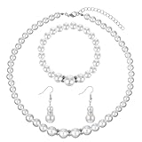 Yolev Pearl Jewelry Set for Women White Faux Pearl Earrings and Necklace Bracelet Set Rhinestone Crystal Pearl Set Jewelry for Women Bridal Wedding Birthday Valentine Christmas Day Gifts