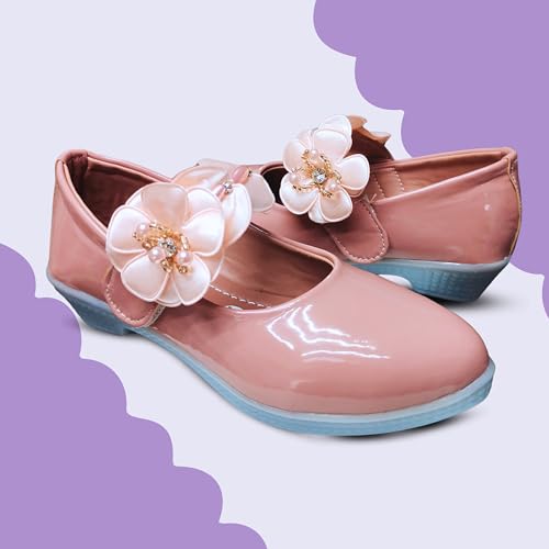 Image of Girls' Patent Mary Jane Shoes with Floral Embellishment, Attractive Colour's, Pearl Flower Welcro Bellies |DMND-3|