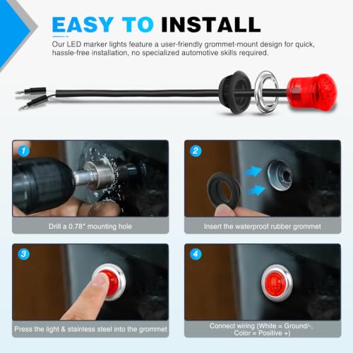 Image of Nilight 3 /4 inch Round Marker Lights 10PCS Red with 304 Stainless Steel Bezel | Side Bullet Clearance Light with IP68 Waterproof Hardwired 2 Wire Connectors and Bright LED for 12V Trailer Truck Camper Boat