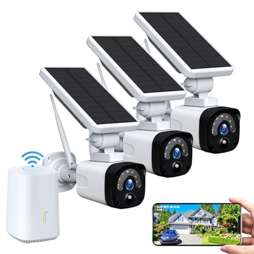 Juego de cámara de vigilancia solar inalámbrica, 100% inalámbrico, 3 MP, con estación base y 3 cámaras solares
