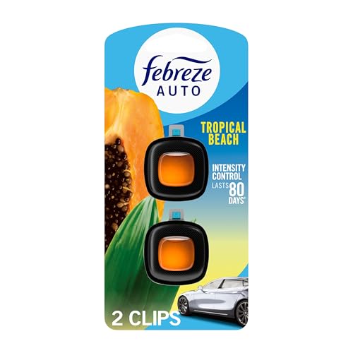 Febreze AUTO Air Freshener Odor-Fighting Automotive Vent Clip Scented Car Accessories Long Lasting for Strong Odors Tropical Beach Scent 2 Count