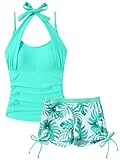 Happy Cherry Teenage Girls Two Piece Padded Swimsuits Summer Halterneck Swimwear Trendy Tropical Print Tank Top Swimming Suits with Swim Short Drawstring Beach Tankini Set Mint Green 13-14 Years