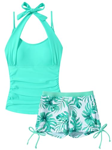 Happy Cherry Juniors Girl Cute Halter Neck Tankini Set Modest Tropical Print Swimming Suit Vest Top with Swim Shorts Drawstring Adjustable Straps Swimsuits Two Piece Beach Tankinis Mint Green 15-16Y