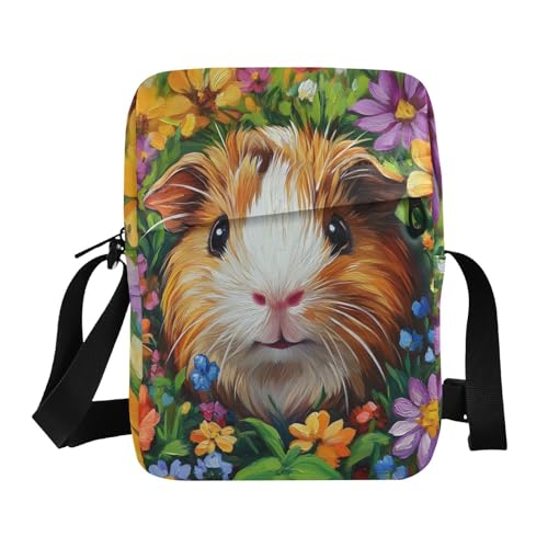 Crossbody Bag Cute Guinea Pig Spring Flowers Messenger Bag for Women Men Purse Shoulder Bag Satchel Bag with Adjustable Strap 214B8092